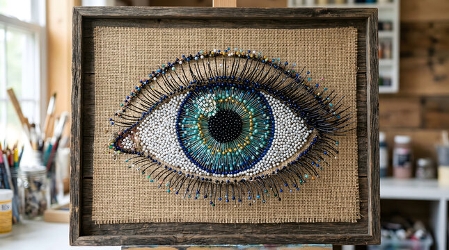 Eye art made with pins beads and string