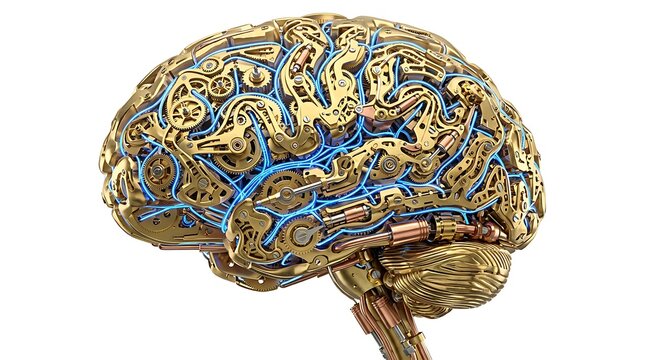 Weird mechanical brain with golden gears and glowing blue circuits