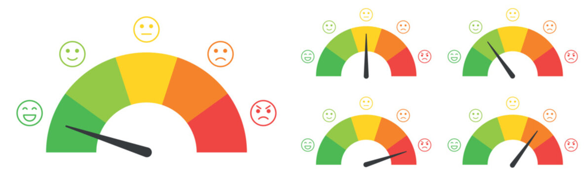 Large satisfaction meter with emoticon faces from smile to angry showing customer feedback level in colorful gradient gauge isolated on transparent background for business evaluation concept