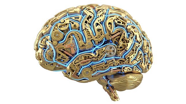 Weird steampunk brain concept with golden gears and glowing circuits