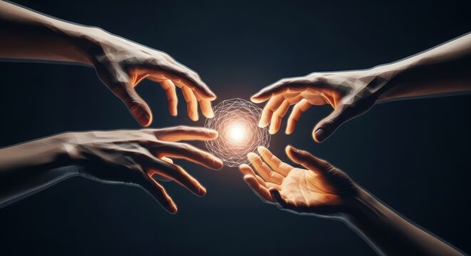 Four hands reaching towards a glowing energy core, symbolizing connection and shared power.