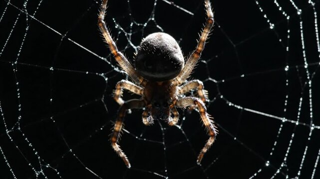 Close-up of a brown spider in a web with water droplets against a black background