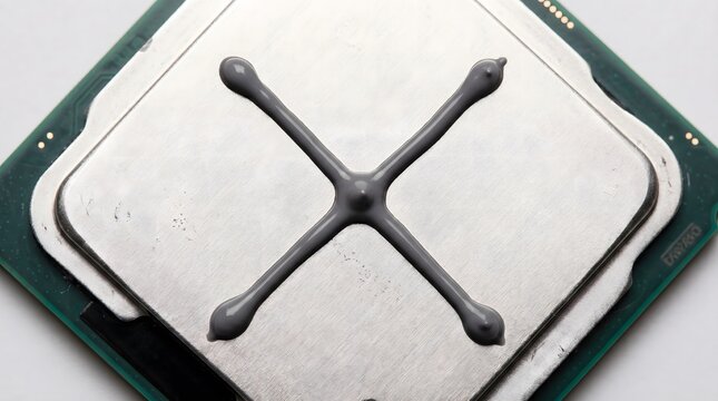 CPU with thermal paste, computer technology concept hardware detail, copy space, semiconductor extreme close-up,technology manufacturing