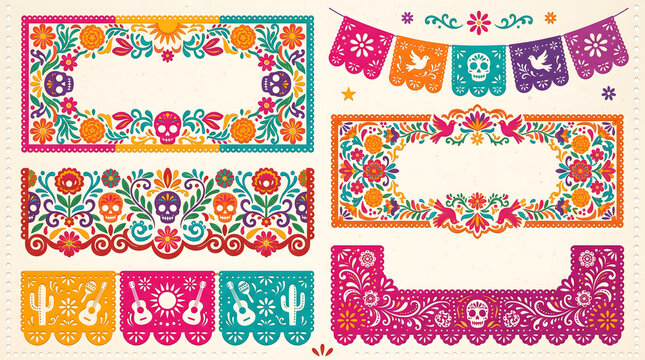 D&iacute;a de muertos mexican papel picado frames and borders set
