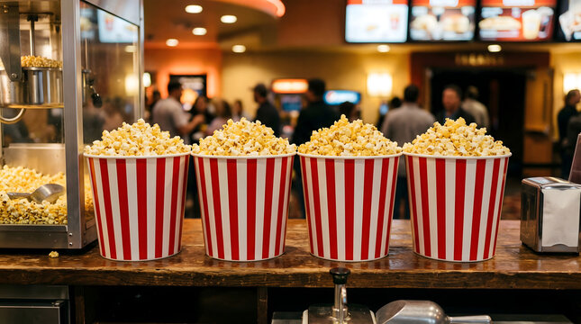 Popcorn buckets filling a cinema concession stand
