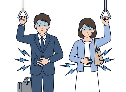 電車の中で腹痛や便意を我慢して青ざめるスーツ姿の日本人ビジネスマン男女