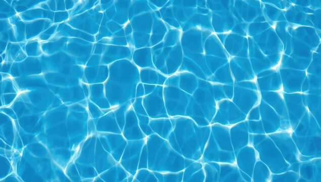 Vibrant blue swimming pool water surface with ripples and sun reflections creating abstract patterns and textures