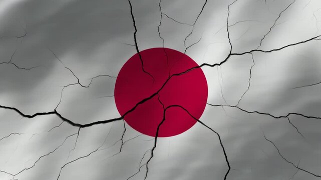 ひび割れる日本国旗と縮小する赤円で表現するデフレ不況の象徴的表現