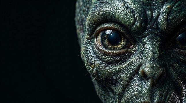 Extreme close-up of a green scaly alien face with copy space