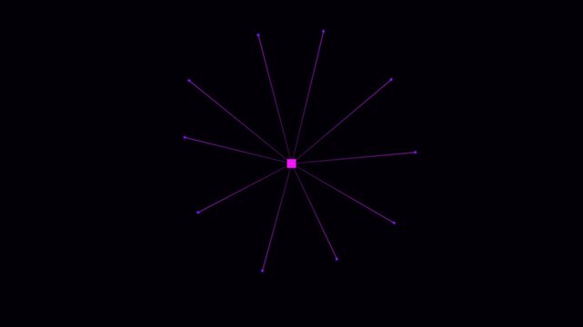Minimalist animated purple centralized network hub and spoke rotating on dark background