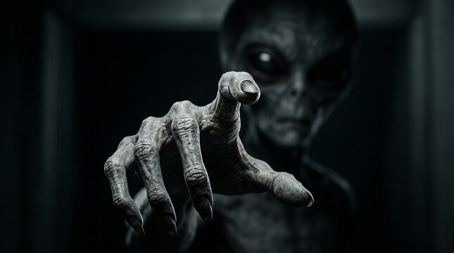 Close up of an extraterrestrial grey alien reaching out a hand