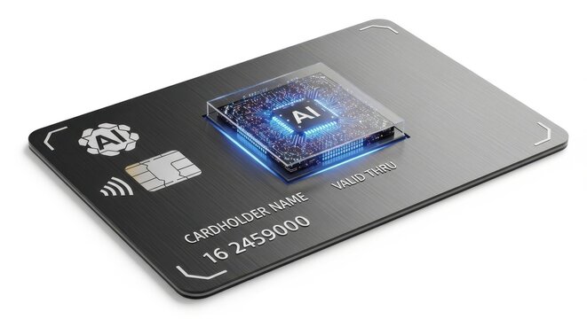 futuristic ai chip embedded in smart credit card with holographic display