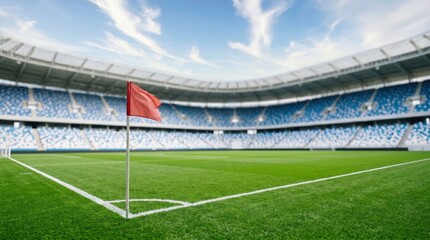 Fototapeta premium Empty Soccer Stadium Corner Flag on Green Grass Pitch for Sports Match Background