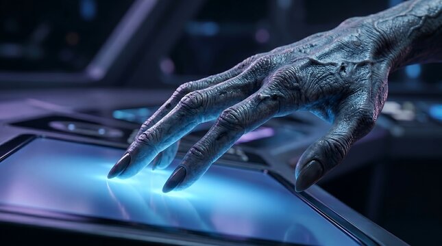 Alien hand touching a glowing futuristic interface