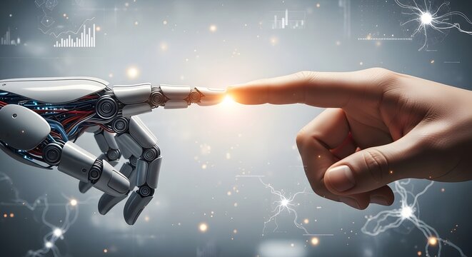 Human hand touching robotic finger in futuristic digital interface