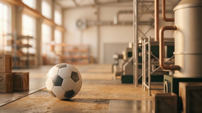 Soccer Ball Resting on Industrial Warehouse Floor with Wooden Crates and Factory Machinery