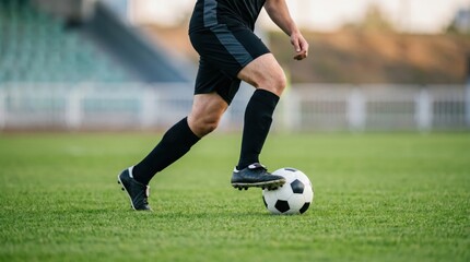 Obraz premium Male soccer player dribbling ball on green grass field during training session