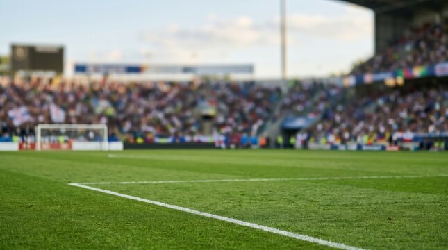 Amateur youth soccer tournament background with blurred crowd and green pitch