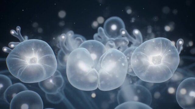 Ultra-detailed 3D microscopic view of stem cells gradually differentiating into specialized cells