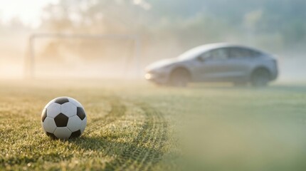 Soccer Ball on Misty Morning Field with Tire Tracks and Blurred Car in Background