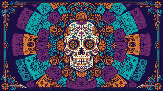 Ornate skull centerpiece surrounded by vibrant floral patterns and traditional mexican folk art elements for dia de los muertos