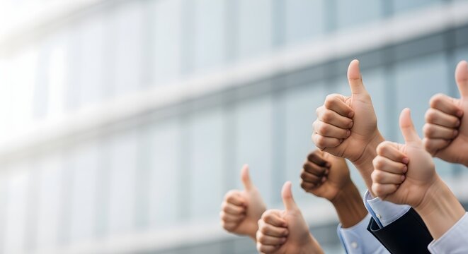 Successful Diverse Business Team Giving Thumbs Up Outdoors in Front of Modern Office Building