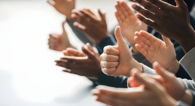 Group of Diverse Business People Clapping and Giving Thumbs Up for Success, Achievement, and Teamwork Motivation in Office Setting
