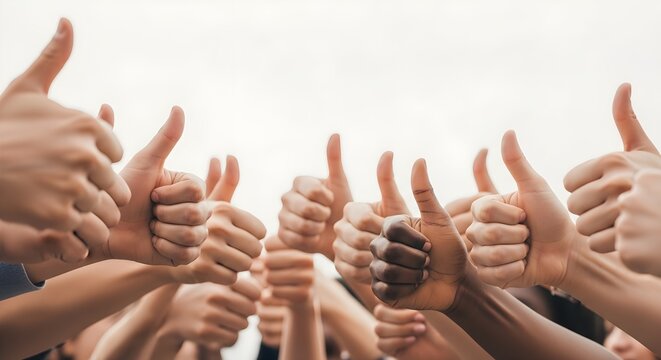Group of Diverse Hands Giving Thumbs Up for Success, Positive Feedback and Teamwork Concept, Multi-ethnic Community Support Gesture