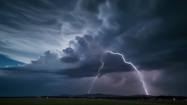 雷が走る嵐雲が空を切り裂く迫力の稲妻空景