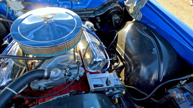 Detailed view of vintage blue car engine bay chrome details and battery.