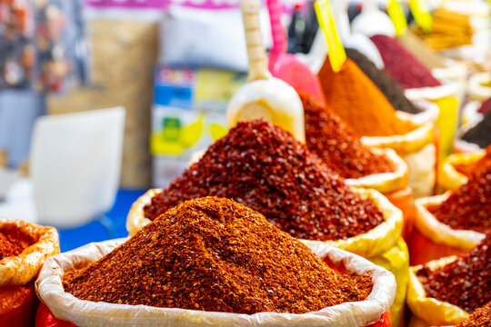 Mounds of Vibrant Spices at an Outdoor Antalya, Urfa, Gaziantep, Hatay Street Market . Various bright colored powder spices on market in Istanbul, Turkey. Turkish  colored spices at old bazaar  market