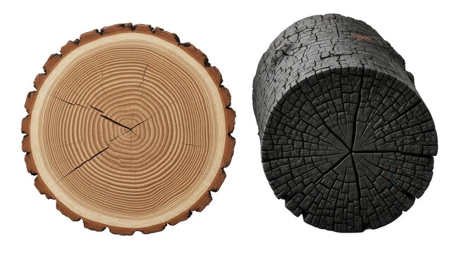 Cut tree trunk cross section and charred black wood log on a transparent background