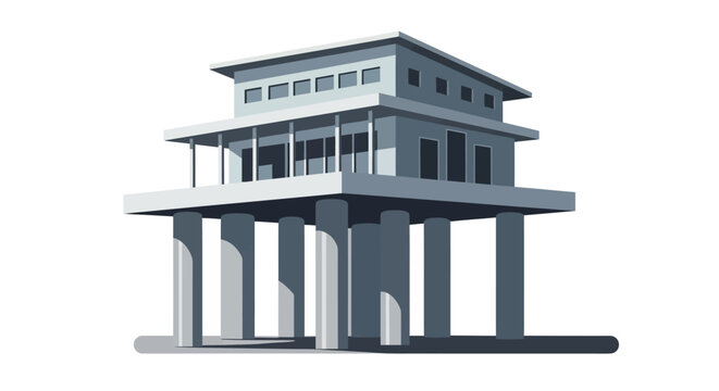 Modern Minimalist Elevated Building on Stilts Vector Illustration, Contemporary Coastal House Architecture Isolated on White, Flood Resistant Home Design Concept