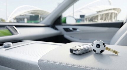Soccer fan driving to stadium with car key and ball keychain on center console