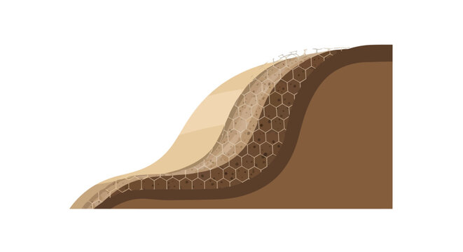 Cross Section of Soil Slope Stabilization using Geocell Honeycomb Structure for Erosion Control and Embankment Engineering