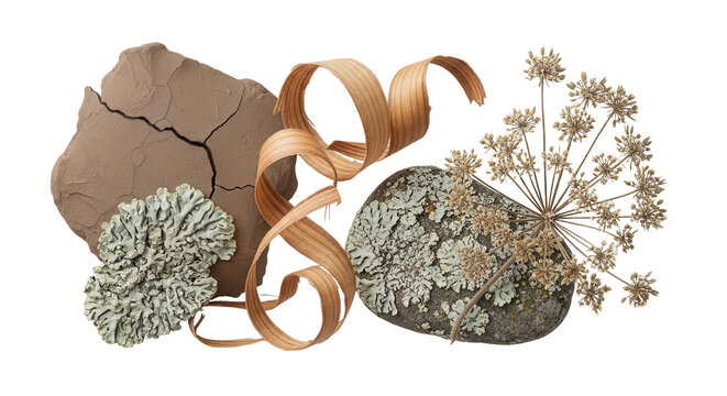 Cracked clay piece, curled wood shaving, lichen covered stone and dried umbel flower isolated on transparent background. Earthy natural collage set for rustic eco branding and textures.