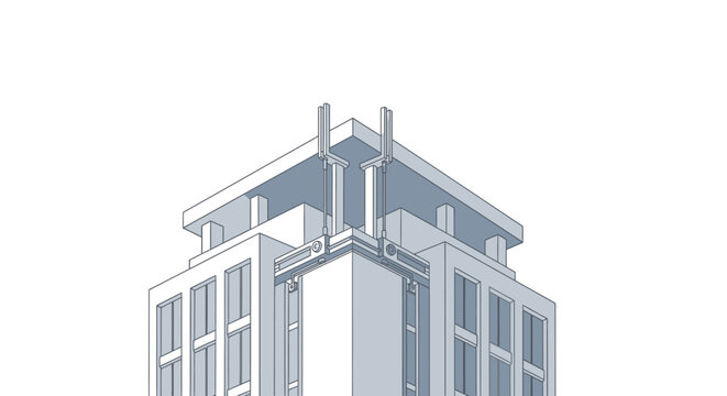 Modern Skyscraper Rooftop Maintenance System Diagram - BMU Window Cleaning Crane Mechanical Illustration for Architectural Engineering and Construction