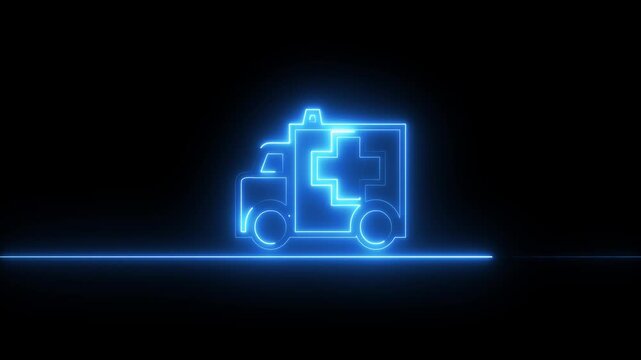 Neon glowing pink ambulance icon animation.medical cross icon on black background. First aid medical symbol.4k