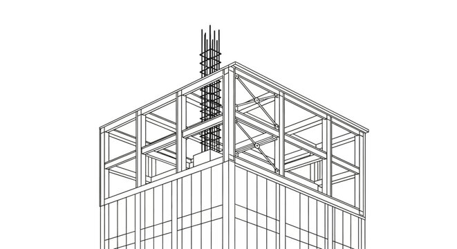 Architectural Line Drawing of Modern Skyscraper Construction Frame and Structural Engineering Detail