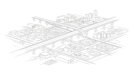 Fototapeta premium Isometric City Map Sketch with Elevated Highways and Urban Infrastructure. Vector Line Art Illustration of a Modern Metropolitan Layout for Planning and Architectural Design.