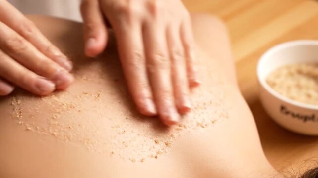 Close-Up Application Of Body Scrub By Hands On Back In Spa Setting For Skincare And Relaxation