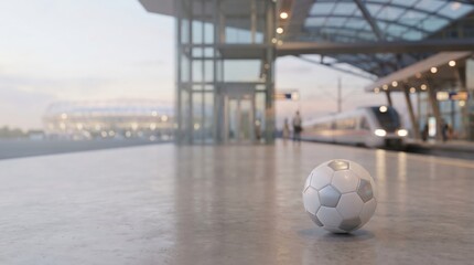 Soccer ball on train station platform with stadium in background for sports travel concept