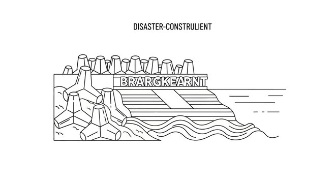Breakwater and Tetrapod Line Art Illustration for Coastal Defense and Disaster Resilience