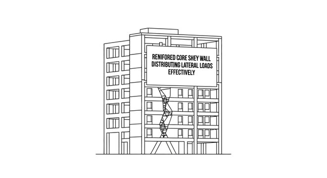 Structural Engineering Diagram of a Reinforced Core Shear Wall System for Lateral Load Distribution in Multistory Buildings