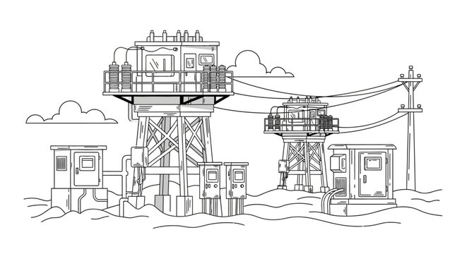 Electrical Substation and Power Grid Infrastructure Line Art Illustration for Coloring or Technical Design