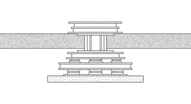 Architectural Cross-Section Diagram of Technical Support Pedestal and Foundation System, Minimalist Line Drawing