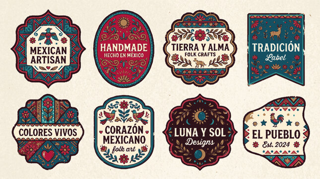 Collection of eight decorative vector labels with mexican inspired designs and phrases
