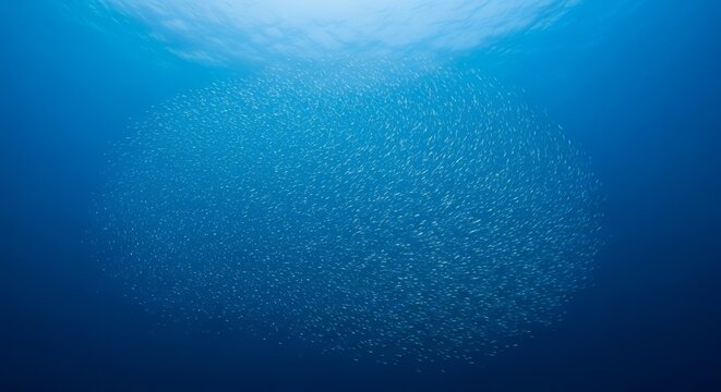 A Massive School of Small Fish Swimming Together in the Deep Blue Ocean Under Sunlight