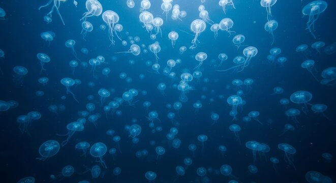 A vast underwater expanse teeming with translucent jellyfish drifting gracefully in the deep blue ocean currents, showcasing mesmerizing marine life.