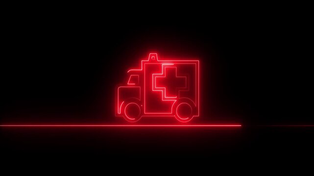 Neon glowing pink ambulance icon animation.medical cross icon on black background. First aid medical symbol.4k